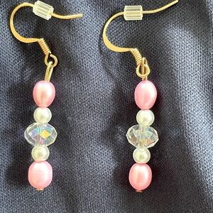 Dangling Earrings with Pink & White Pearl & Crystal. Gold Toned Ear Hook Wire.